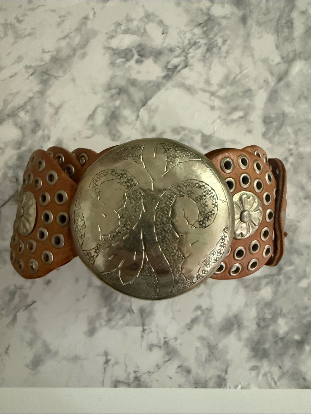 Vintage Moroccan Leather Belt with Large Silver Concho